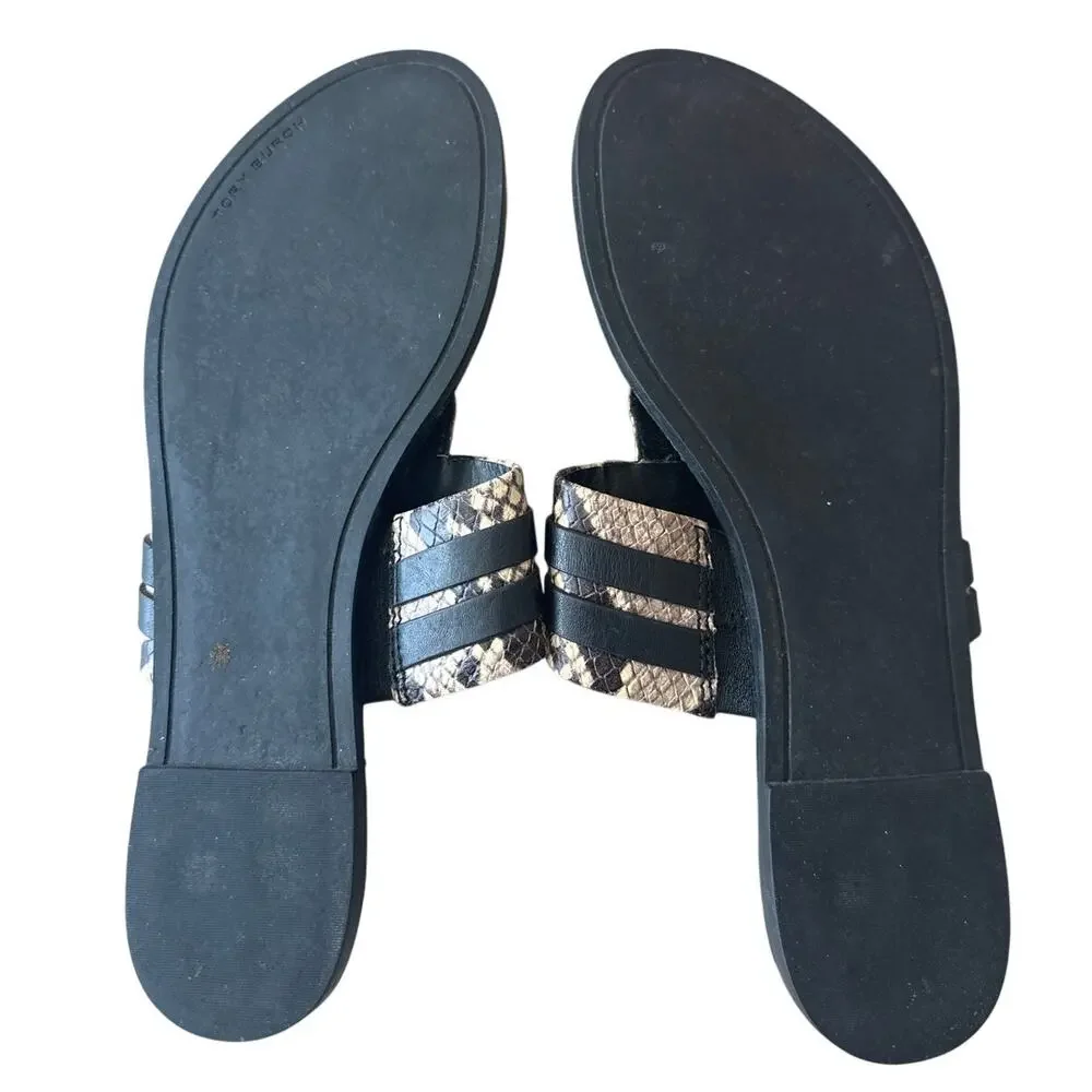 Tory Burch Leigh Thong Sandals 9.5 Roccia Snakeskin Black Logo